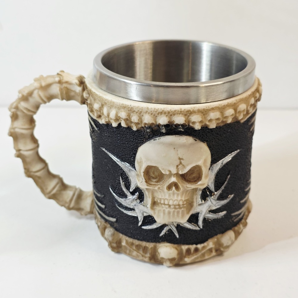 Stainless Steel & Resin Skull & Cross Bones Gothic Coffee Mug Beer Tankard 12 oz